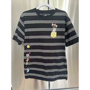 A.LAB Size L, Black/Grey Striped "High" Graphic Short Sleeve T-Shirt